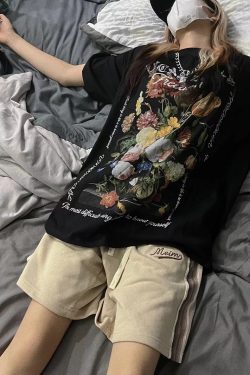 2023 Summer American Vintage Floral Print Short Sleeve T-Shirt Loose Fit High Street Style for Couples