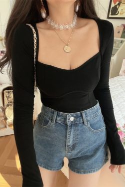 2024 Early Spring American Style Sexy U-Neck Avocado Green Tight Stretchy T-Shirt - Trendy Y2K Fashion Staple