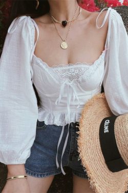2024 Spring-Summer White Cotton-Linen Blouse with Lace Trim, Vintage Lantern Sleeves, French Style Vacation Top