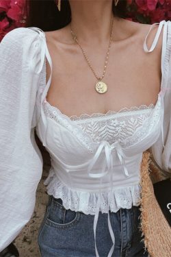 2024 Spring-Summer White Cotton-Linen Blouse with Lace Trim, Vintage Lantern Sleeves, French Style Vacation Top