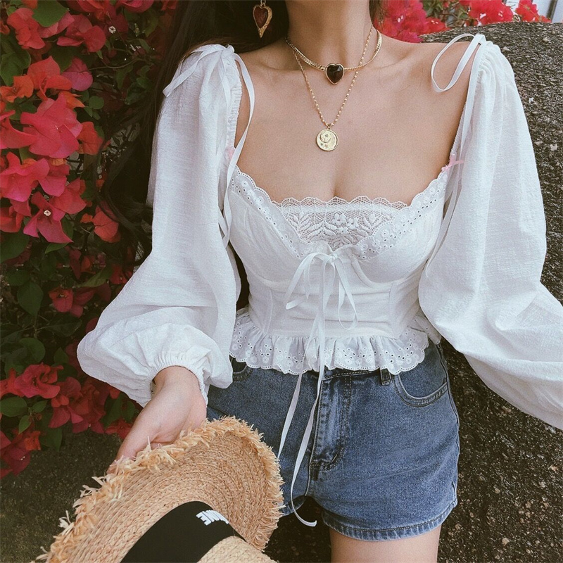 2024 Spring-Summer White Cotton-Linen Blouse with Lace Trim, Vintage Lantern Sleeves, French Style Vacation Top 2024 Spring-Summer White Cotton-Linen Blouse with Lace Trim, Vintage Lantern Sleeves, French Style Vacation Top
