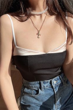 2024 Spring/Summer French Vintage Satin Feel Color-Blocked Sexy Camisole Top for Women - Vacation Ready, Y2K Style