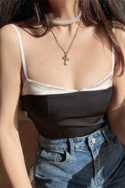 2024 Spring/Summer French Vintage Satin Feel Color-Blocked Sexy Camisole Top for Women - Vacation Ready, Y2K Style