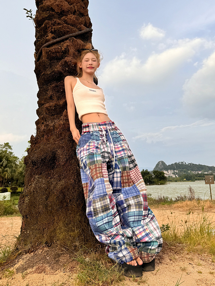 2025 American Retro Colorful Patchwork Plaid Wide-Leg Pants Unisex Versatile Floor-Length Trousers Y2K Style 2025 American Retro Colorful Patchwork Plaid Wide-Leg Pants Unisex Versatile Floor-Length Trousers Y2K Style