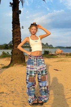 2025 American Retro Colorful Patchwork Plaid Wide-Leg Pants Unisex Versatile Floor-Length Trousers Y2K Style