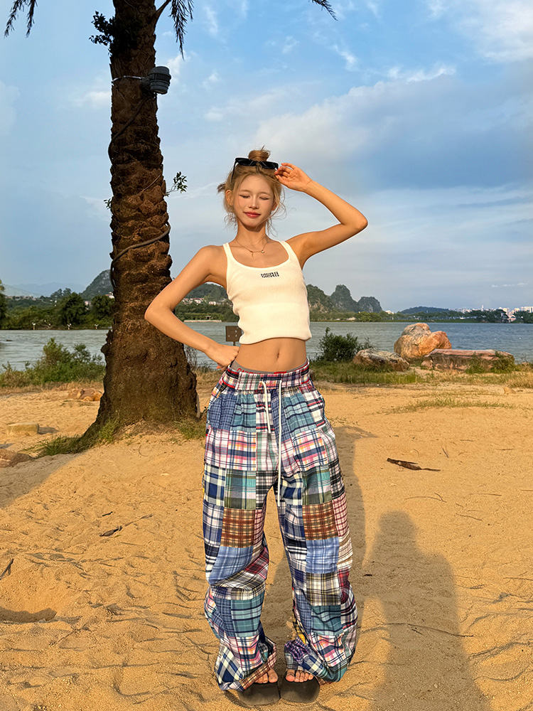 2025 American Retro Colorful Patchwork Plaid Wide-Leg Pants Unisex Versatile Floor-Length Trousers Y2K Style 2025 American Retro Colorful Patchwork Plaid Wide-Leg Pants Unisex Versatile Floor-Length Trousers Y2K Style