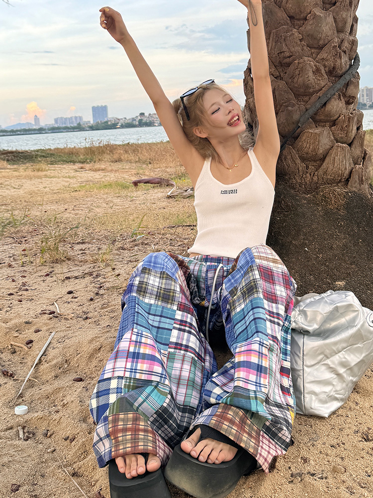 2025 American Retro Colorful Patchwork Plaid Wide-Leg Pants Unisex Versatile Floor-Length Trousers Y2K Style 2025 American Retro Colorful Patchwork Plaid Wide-Leg Pants Unisex Versatile Floor-Length Trousers Y2K Style