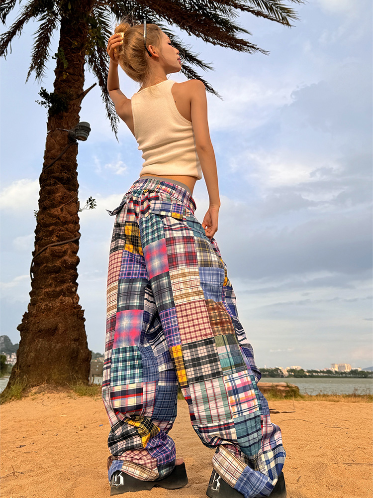 2025 American Retro Colorful Patchwork Plaid Wide-Leg Pants Unisex Versatile Floor-Length Trousers Y2K Style 2025 American Retro Colorful Patchwork Plaid Wide-Leg Pants Unisex Versatile Floor-Length Trousers Y2K Style