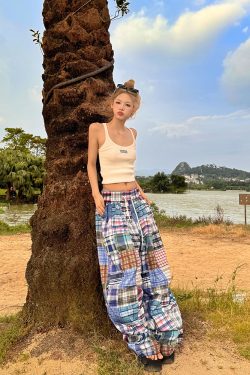 2025 American Retro Colorful Patchwork Plaid Wide-Leg Pants Unisex Versatile Floor-Length Trousers Y2K Style
