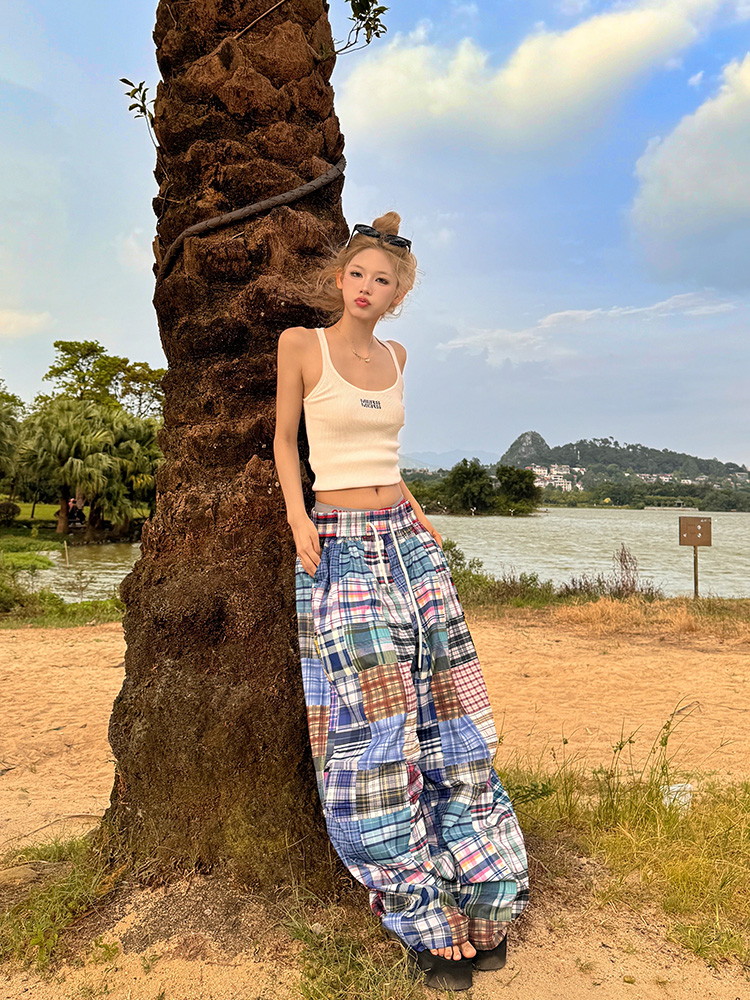 2025 American Retro Colorful Patchwork Plaid Wide-Leg Pants Unisex Versatile Floor-Length Trousers Y2K Style 2025 American Retro Colorful Patchwork Plaid Wide-Leg Pants Unisex Versatile Floor-Length Trousers Y2K Style