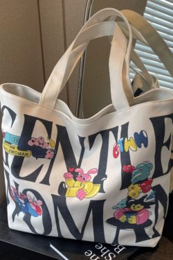 2025 Cartoon Letter Canvas Tote Bag for Women, Large Capacity Shoulder Bag for Class, Commuting, and Short Trips