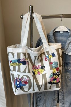 2025 Cartoon Letter Canvas Tote Bag for Women, Large Capacity Shoulder Bag for Class, Commuting, and Short Trips