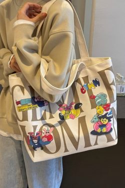 2025 Cartoon Letter Canvas Tote Bag for Women, Large Capacity Shoulder Bag for Class, Commuting, and Short Trips