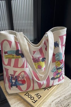 2025 Cartoon Letter Canvas Tote Bag for Women, Large Capacity Shoulder Bag for Class, Commuting, and Short Trips