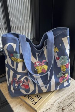 2025 Cartoon Letter Canvas Tote Bag for Women, Large Capacity Shoulder Bag for Class, Commuting, and Short Trips