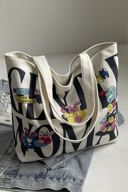 2025 Cartoon Letter Canvas Tote Bag for Women, Large Capacity Shoulder Bag for Class, Commuting, and Short Trips