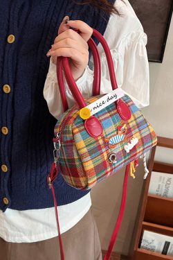 2025 Cute Cartoon Handbag for Women - Spring Summer Plaid Fabric Shell Bag, Casual Shoulder Crossbody Bag