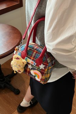 2025 Cute Cartoon Handbag for Women - Spring Summer Plaid Fabric Shell Bag, Casual Shoulder Crossbody Bag