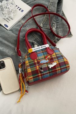 2025 Cute Cartoon Handbag for Women - Spring Summer Plaid Fabric Shell Bag, Casual Shoulder Crossbody Bag