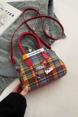 2025 Cute Cartoon Handbag for Women - Spring Summer Plaid Fabric Shell Bag, Casual Shoulder Crossbody Bag