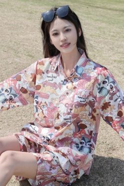 2025 Floral Short Sleeve Shirt for Girls - Unique Cartoon Hawaiian Vacation Top - Trendy Beachwear