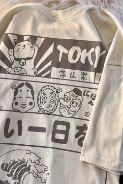 2025 Japanese-Style Loose Cartoon Print Red Short Sleeve T-Shirt for Couples - Trendy Y2K Aesthetic