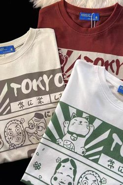 2025 Japanese-Style Loose Cartoon Print Red Short Sleeve T-Shirt for Couples - Trendy Y2K Aesthetic