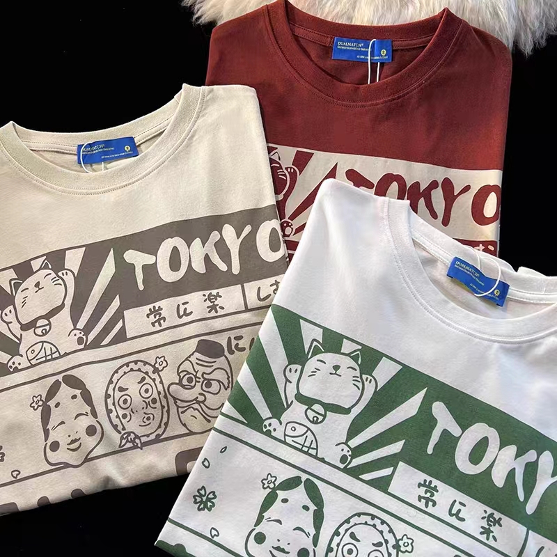 2025 Japanese-Style Loose Cartoon Print Red Short Sleeve T-Shirt for Couples - Trendy Y2K Aesthetic 2025 Japanese-Style Loose Cartoon Print Red Short Sleeve T-Shirt for Couples - Trendy Y2K Aesthetic