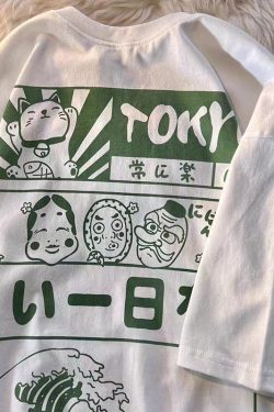 2025 Japanese-Style Loose Cartoon Print Red Short Sleeve T-Shirt for Couples - Trendy Y2K Aesthetic