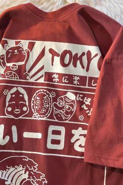 2025 Japanese-Style Loose Cartoon Print Red Short Sleeve T-Shirt for Couples - Trendy Y2K Aesthetic