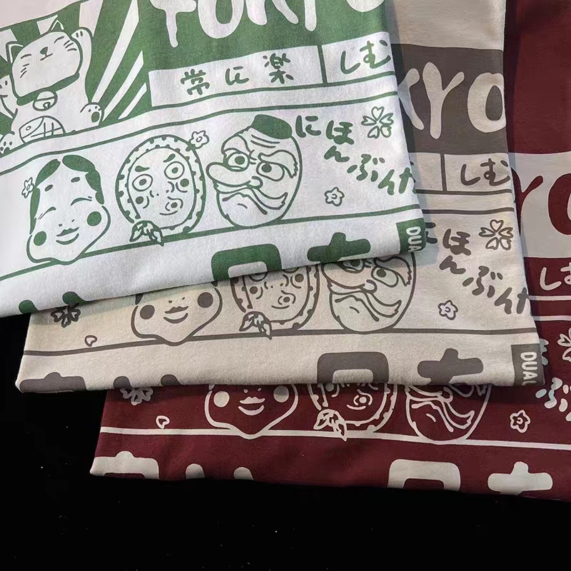 2025 Japanese-Style Loose Cartoon Print Red Short Sleeve T-Shirt for Couples - Trendy Y2K Aesthetic 2025 Japanese-Style Loose Cartoon Print Red Short Sleeve T-Shirt for Couples - Trendy Y2K Aesthetic