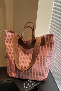 2025 Large Capacity Striped Canvas Tote Bag for Women - Versatile Handheld & Shoulder Bag for Class and Commuting