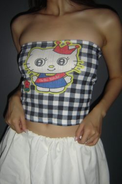 2025 New American Vintage Kitty Cat Print Color Block Strapless Top for Women - Cute Cartoon Plaid Style