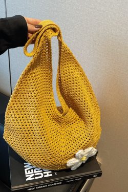 2025 New Style Women's Cotton Yarn Woven Knitted Hollow Shoulder Tote Bag - Lazy Beach Vacation Bag