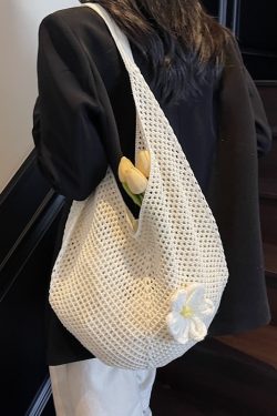 2025 New Style Women's Cotton Yarn Woven Knitted Hollow Shoulder Tote Bag - Lazy Beach Vacation Bag