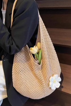 2025 New Style Women's Cotton Yarn Woven Knitted Hollow Shoulder Tote Bag - Lazy Beach Vacation Bag
