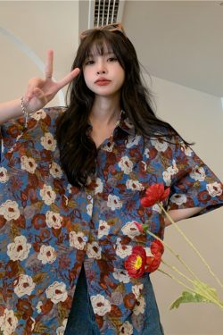 2025 Retro Hong Kong Style Loose Floral Short Sleeve Shirt for Women - Hawaiian Vacation Beach Wear