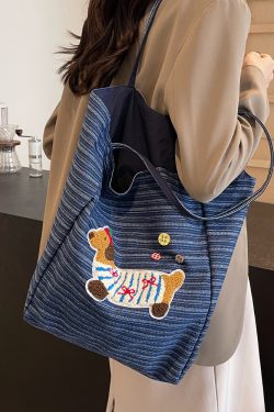 2025 Spring Summer Striped Canvas Shoulder Tote Bag - Cute Large Capacity Casual Commuting Bag for Women