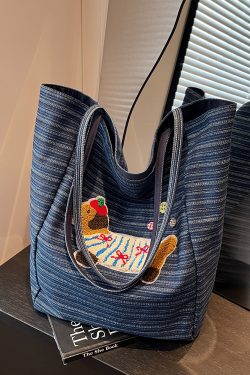 2025 Spring Summer Striped Canvas Shoulder Tote Bag - Cute Large Capacity Casual Commuting Bag for Women