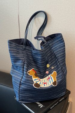 2025 Spring Summer Striped Canvas Shoulder Tote Bag - Cute Large Capacity Casual Commuting Bag for Women