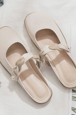 2025 Spring/Summer Sheepskin Evening Shoes for Women - Fairy Style Flat Lazy Half Slippers for Outdoor Wear