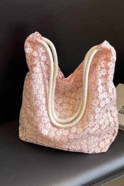 2025 Summer Floral Lace Hollow Small Round Fabric Tote Bag for Women - Large Capacity Commuting Shoulder Bag