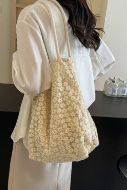 2025 Summer Floral Lace Hollow Small Round Fabric Tote Bag for Women - Large Capacity Commuting Shoulder Bag