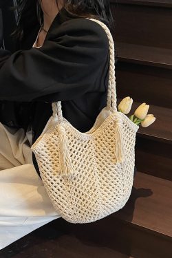 2025 Summer Handmade Knitted Shoulder Bag for Women - Woven Yarn Beach & Travel Bag in Trendy Fashion