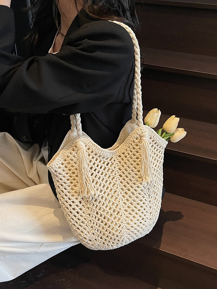 2025 Summer Handmade Knitted Shoulder Bag for Women - Woven Yarn Beach & Travel Bag in Trendy Fashion 2025 Summer Handmade Knitted Shoulder Bag for Women - Woven Yarn Beach & Travel Bag in Trendy Fashion
