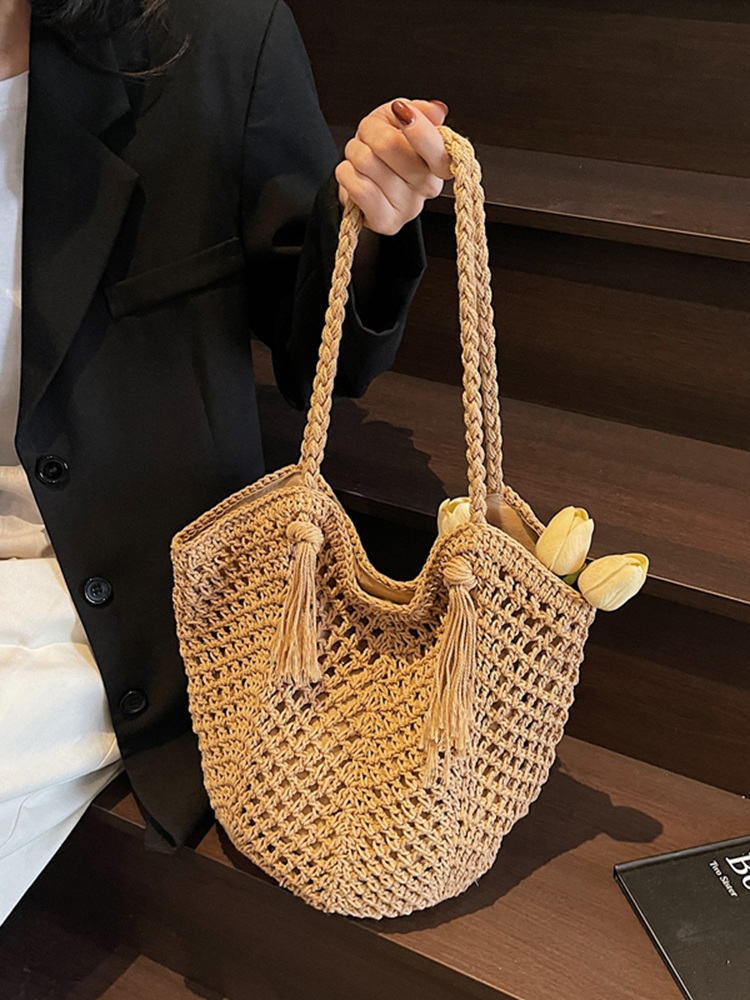 2025 Summer Handmade Knitted Shoulder Bag for Women - Woven Yarn Beach & Travel Bag in Trendy Fashion 2025 Summer Handmade Knitted Shoulder Bag for Women - Woven Yarn Beach & Travel Bag in Trendy Fashion