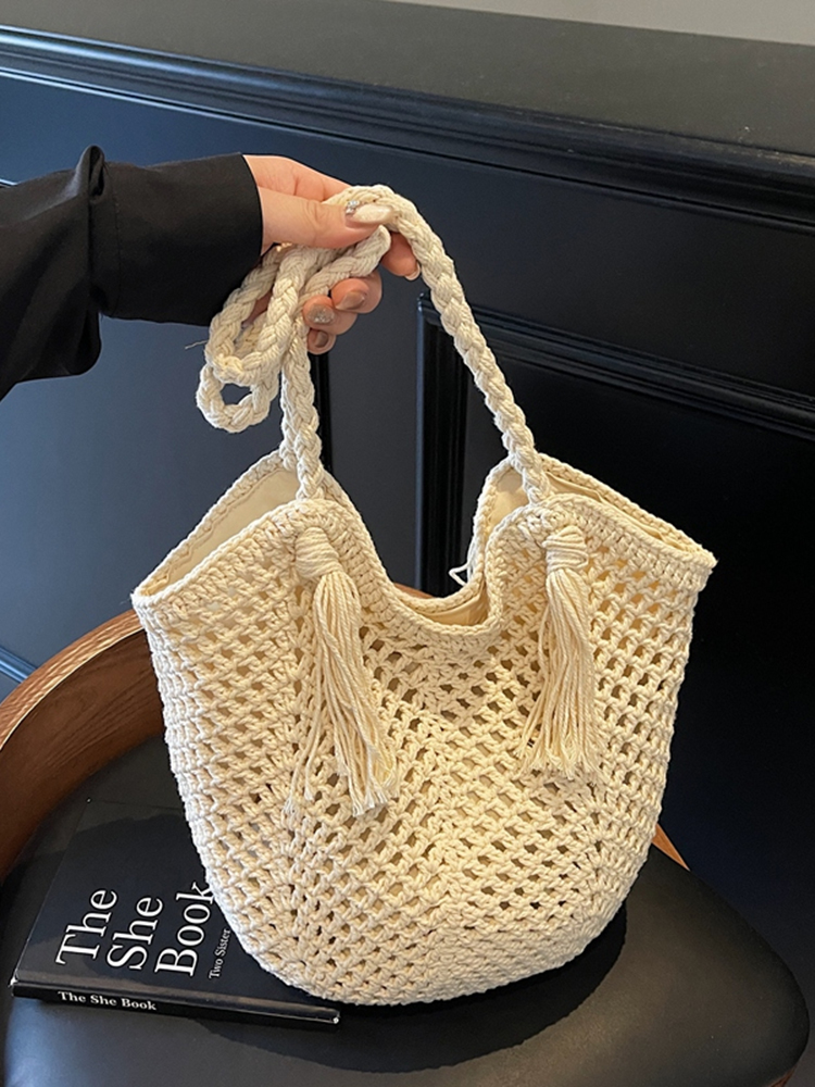 2025 Summer Handmade Knitted Shoulder Bag for Women - Woven Yarn Beach & Travel Bag in Trendy Fashion 2025 Summer Handmade Knitted Shoulder Bag for Women - Woven Yarn Beach & Travel Bag in Trendy Fashion