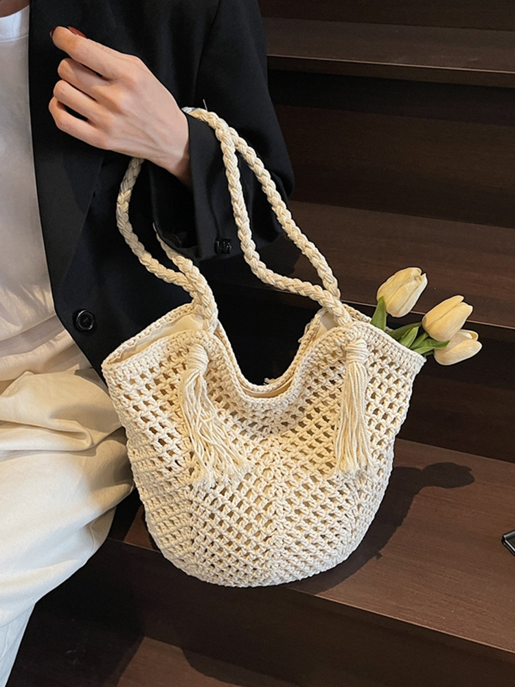 2025 Summer Handmade Knitted Shoulder Bag for Women - Woven Yarn Beach & Travel Bag in Trendy Fashion 2025 Summer Handmade Knitted Shoulder Bag for Women - Woven Yarn Beach & Travel Bag in Trendy Fashion