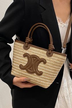 2025 Summer Minimalist Straw Bucket Tote Bag for Women - Casual Crossbody Beach Vacation Essential