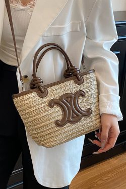 2025 Summer Minimalist Straw Bucket Tote Bag for Women - Casual Crossbody Beach Vacation Essential